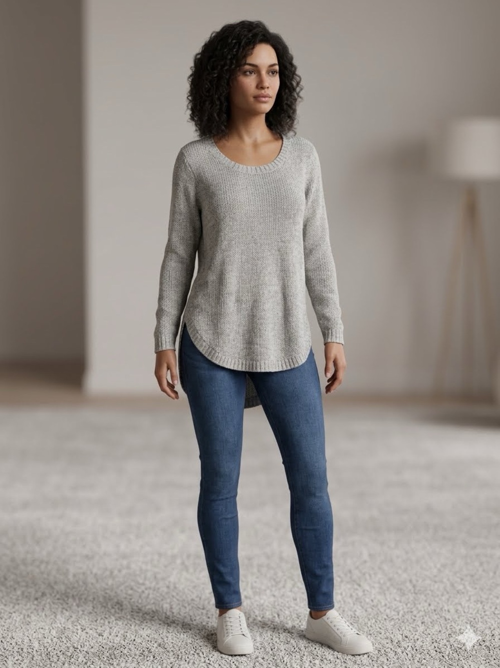 Casual Scoop-Neck Knit Sweater in Light Gray